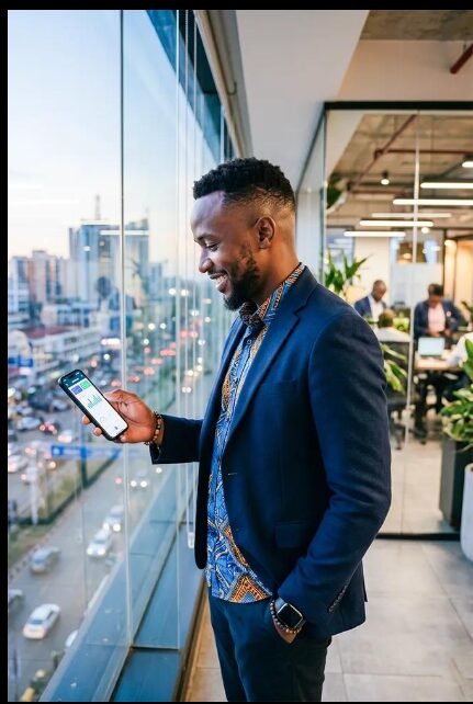 Executive using a polished African-focused mobile application
