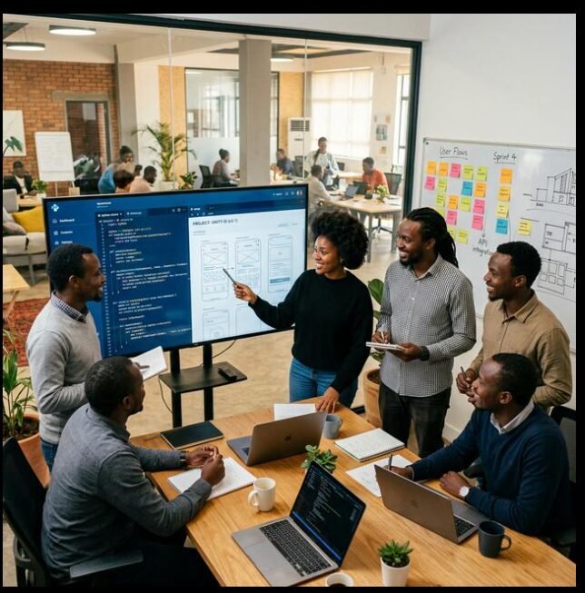 Team reviewing a complete digital ecosystem: dashboard, mobile app and product